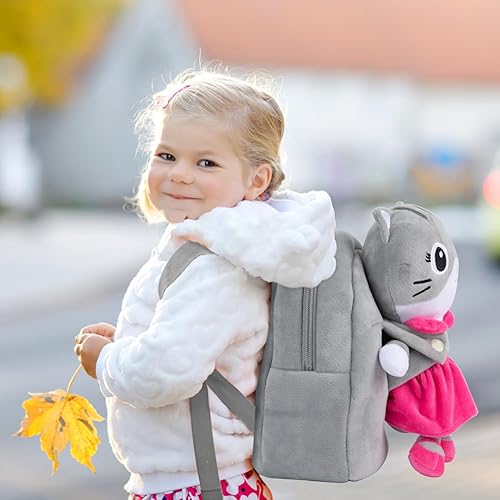 Miniatura 4 de HONGTEYA Mochila de felpa suave para niños pequeños, Gris, Muñeca de gato