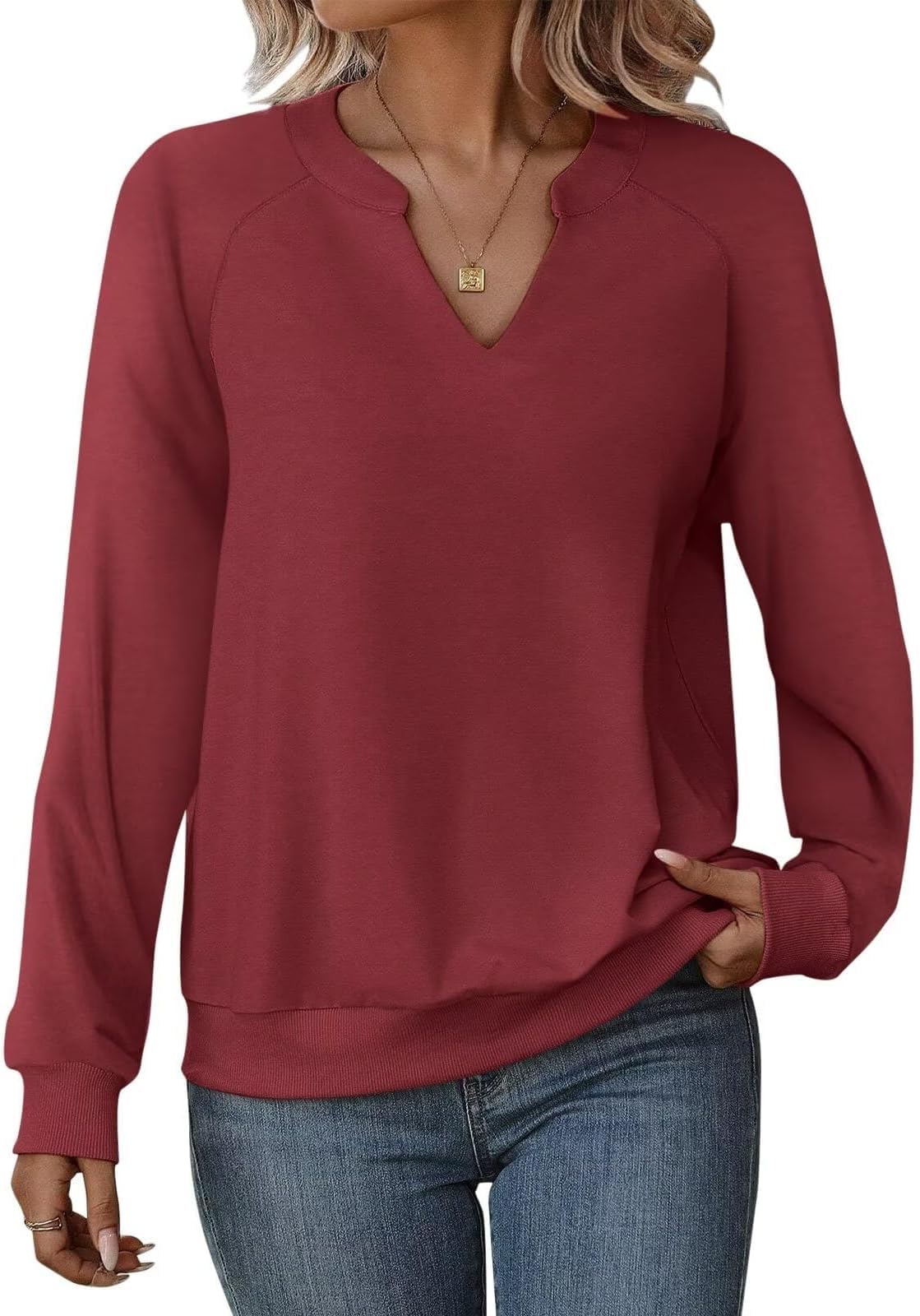 Cuptacc Pullover Damen Langarmshirt V-Ausschnitt Oberteile | V-Ausschnitt,Locker,Elegant,Langarm,Einfarbig,Bequeme,Herbst,Winter,Casual,Schicker,Women