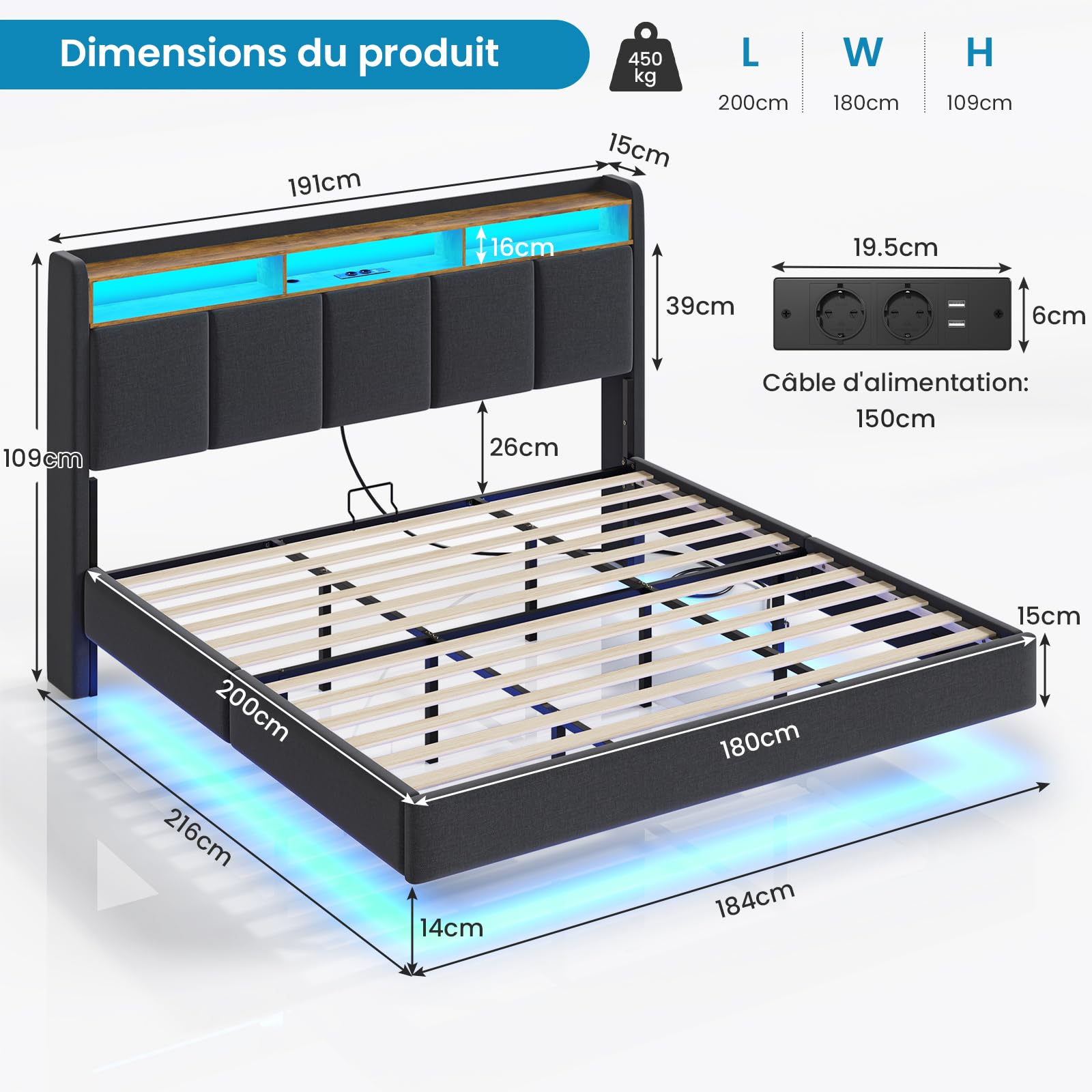 Brinlawb Lit 180x200 avec Sommier, Cadre de lit 180x200cm avec Éclairage LED et 2 Prises CA & 2 Ports USB, Tête de lit Rembourrée avec Rangement, Structure Stable, Effet Flottant, Tissu en Lin, Gris