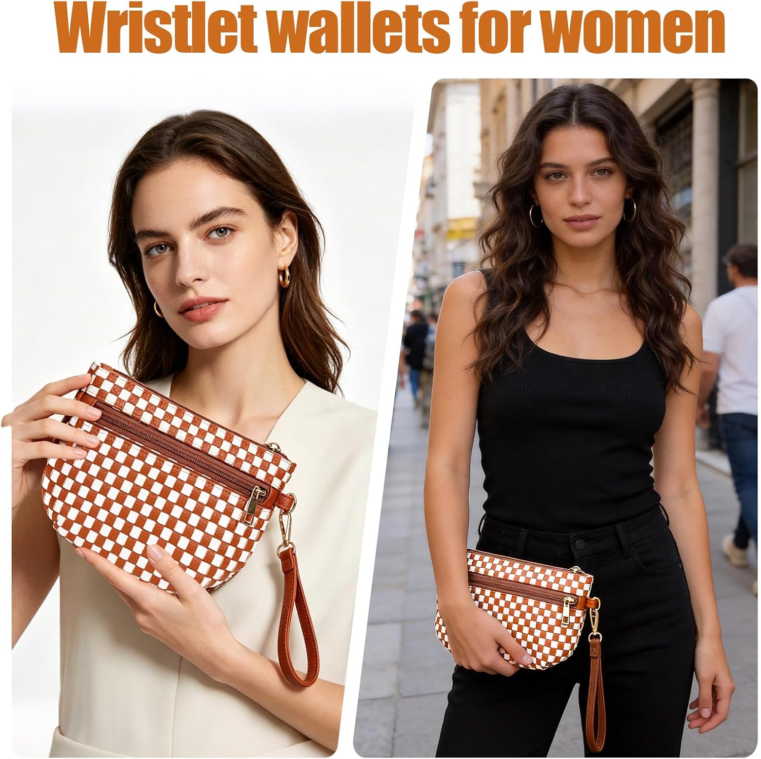 Woven Wristlet Bag for Women Checkered Crescent Pouch Wallet Small Purse image 2