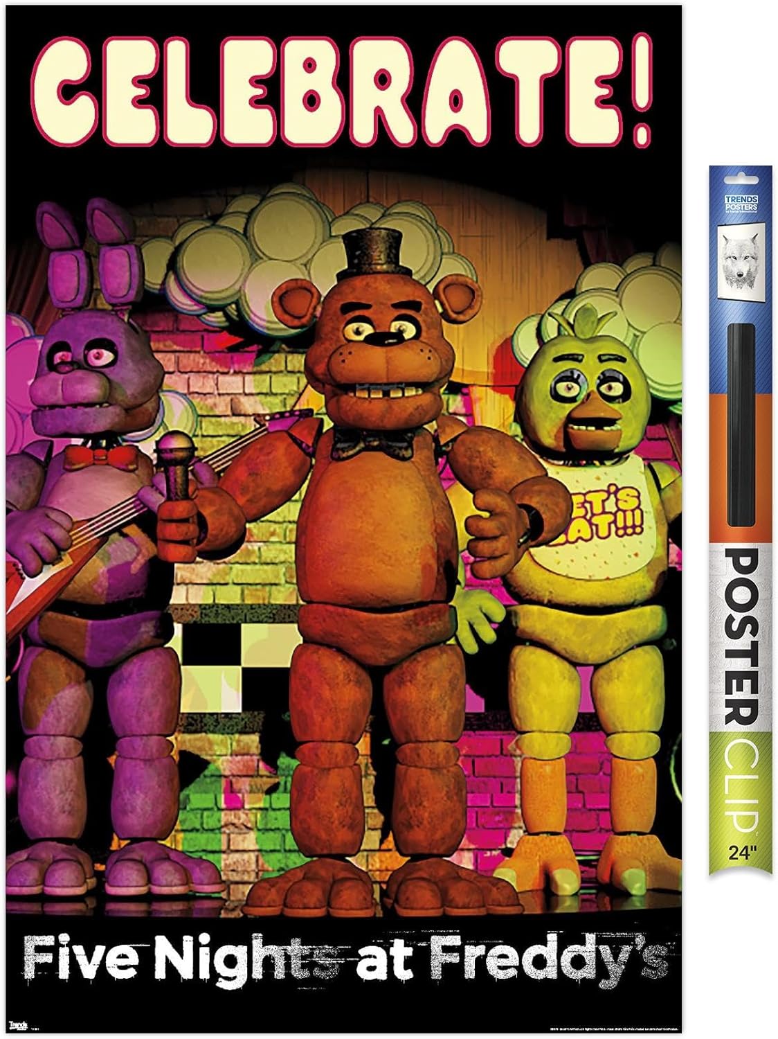 Trends International Five Nights at Freddy's - Celebrate Wall Poster, 22.375" x 34", Black Framed Version