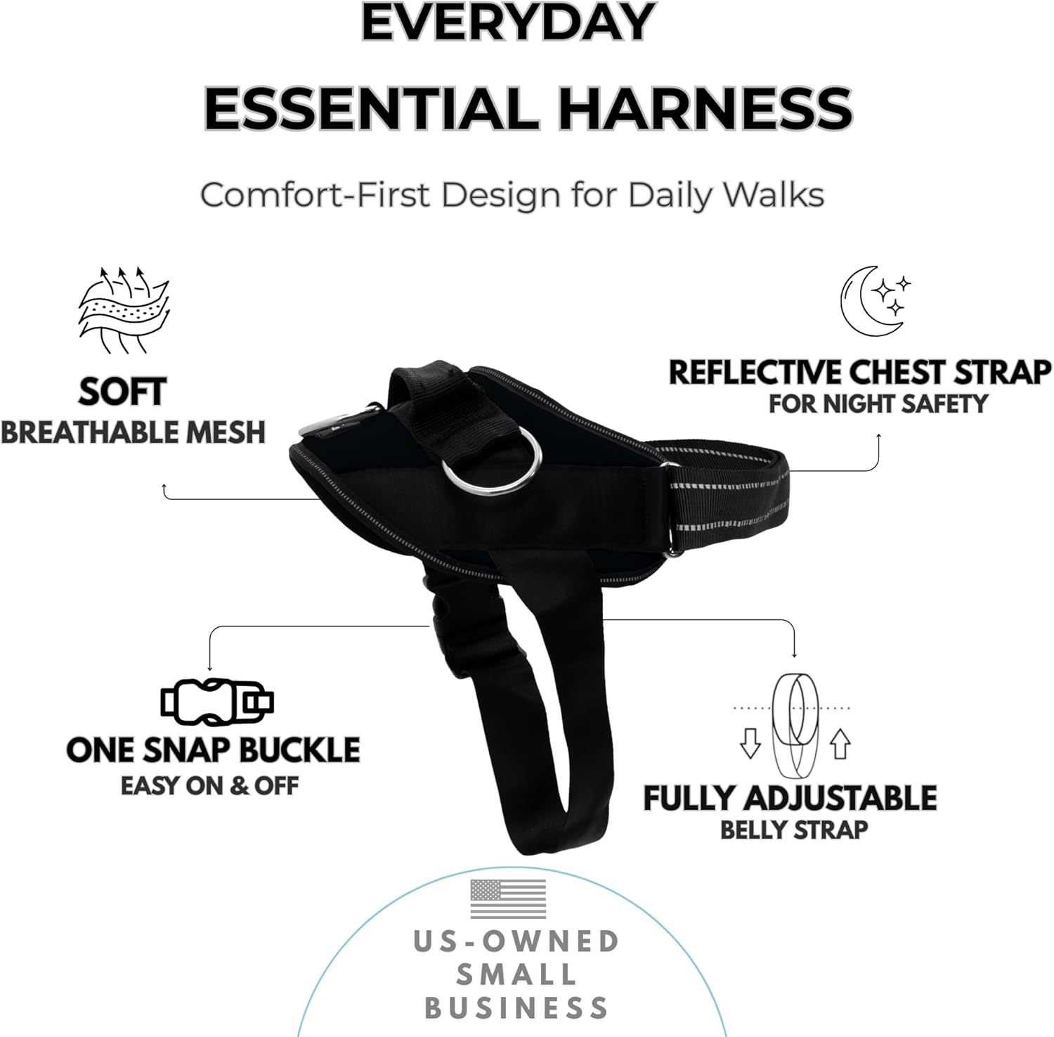 ShawnCo Essential Dog Harness, No-Pull Pet Vest with 3 Leash Clips, No Choke, Reflective, Adjustable and Padded, for Easy Walking and Training for Small, Medium and Large Dogs (Midnight, L)