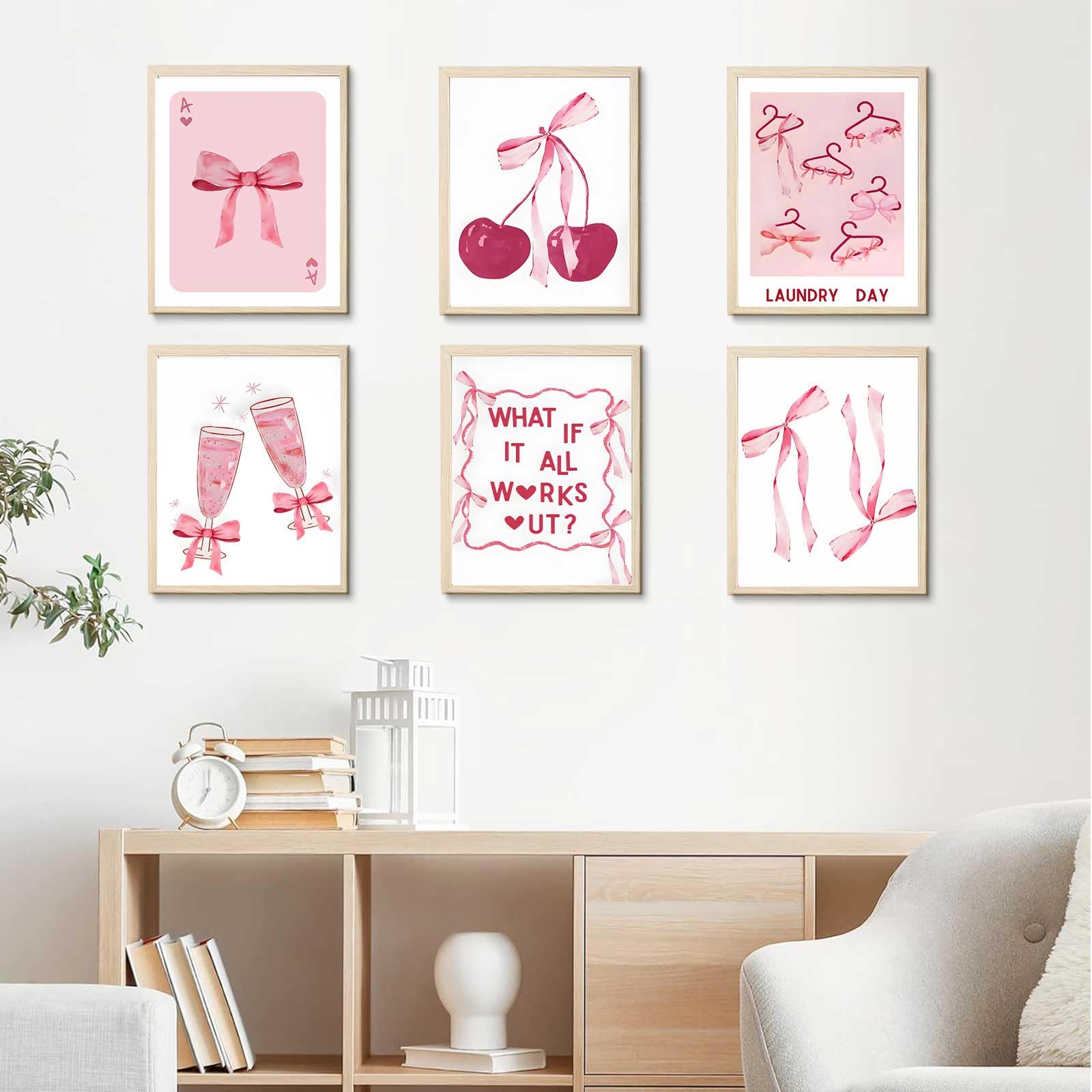Set 3 Poster Con Fiocco Rosa - Stampe Su Tela Preppy Per Camera Da Letto, Decorazione Parete Pastello - 3