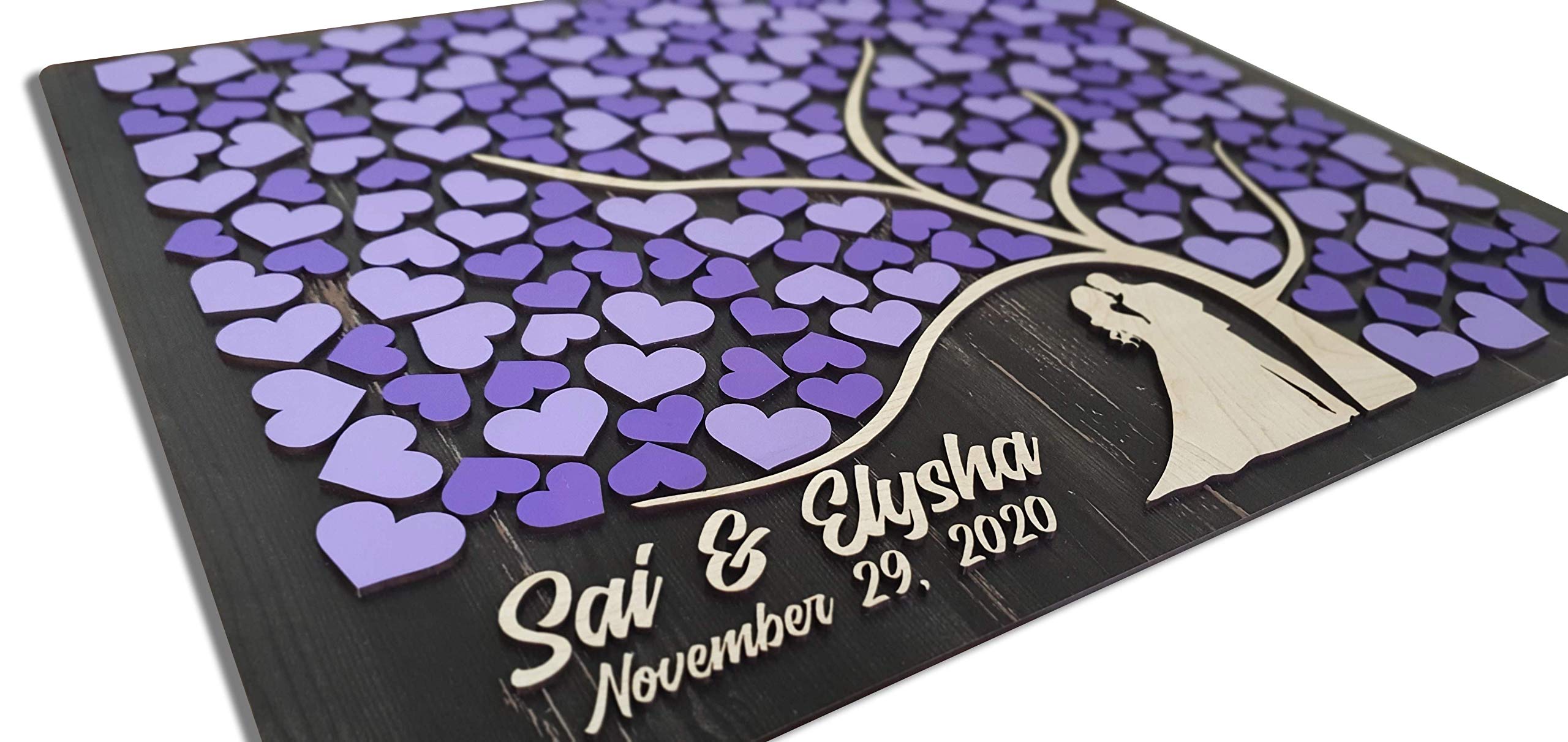 Libro degli ospiti per matrimonio in 3D, realizzato a mano e dipinto a mano, con albero e cuori, in legno, personalizzabile (150 cuori, modello 1