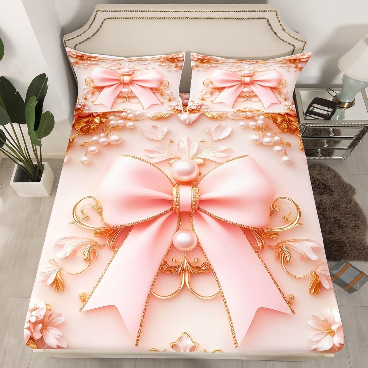 Erosebridal Purple Bowknot Kids Fitted Sheet, Lovely Bow Knot Bed Sheets for Kids Girls Butterfly Knot Bow Tie Bed Set Aesthetic Coquette Sheets Geometric Cartoon Bedroom Decor Queen