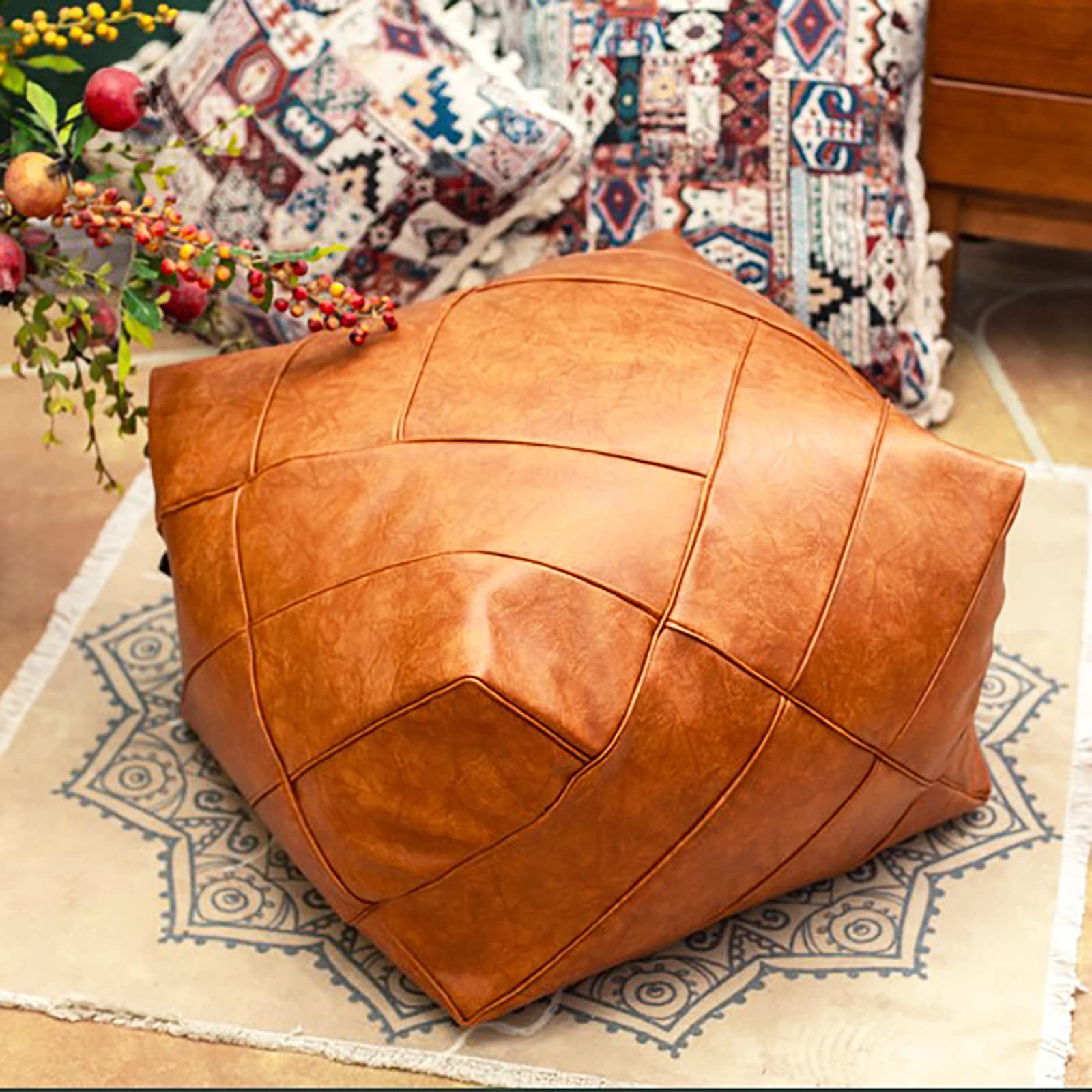 Premium Cuir Pouf Non étouffé Marocain Pouffe,Rond Ottoman Repos Pouf,Chaise De Sac De Harit,Moderne Accueil Repose-Pied Couvrir Rangement Solution-Un 48x48x28cm(19x19x11inch