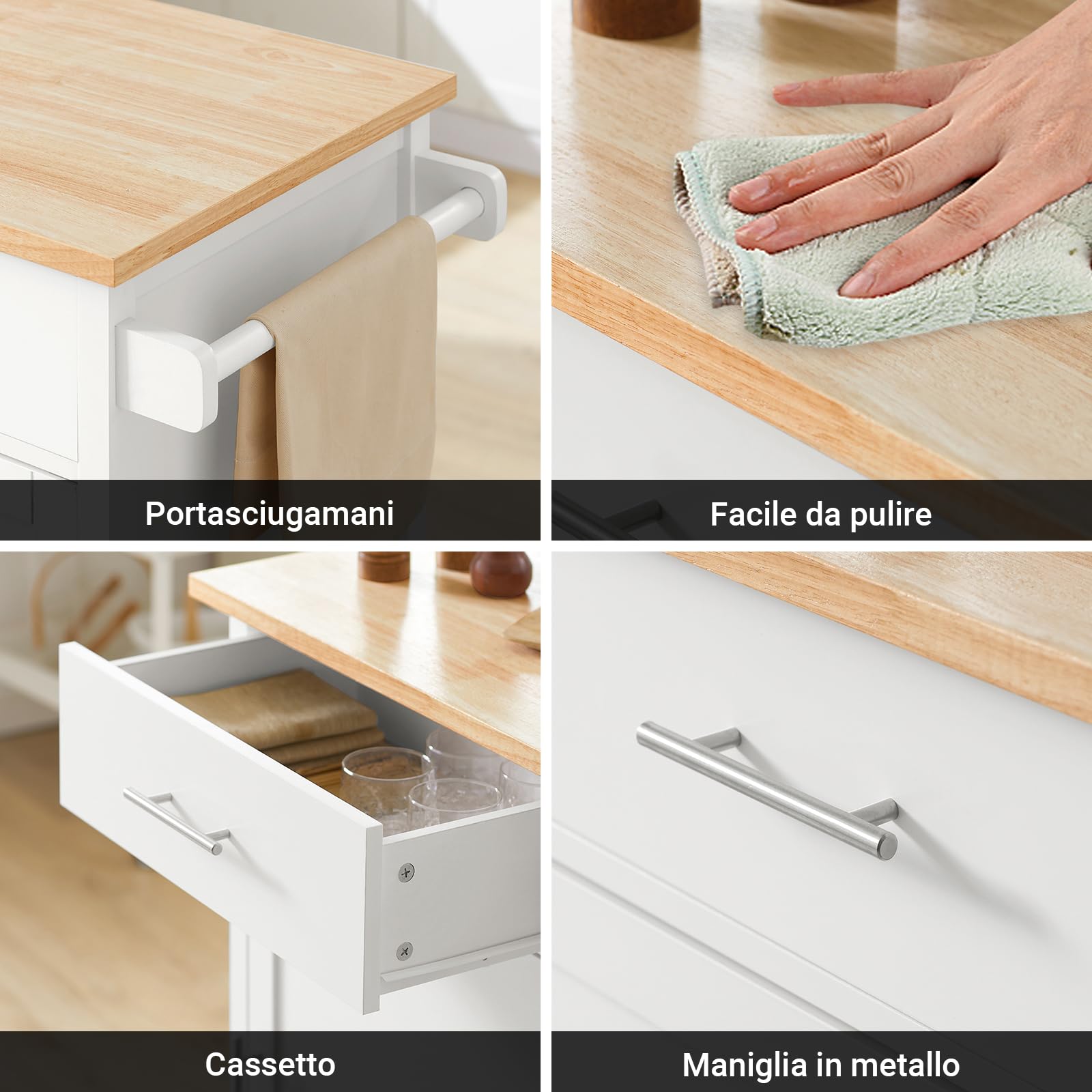 SoBuy Carrello Cucina con ruote frenate & piano, 68x90x46cm, per cucina | Mobile Cucina Salvaspazio con cassetto, ripiano regolabile & barra, portata 45 kg, MDF(E1), sala pranzo/outdoor, FKW102-WN