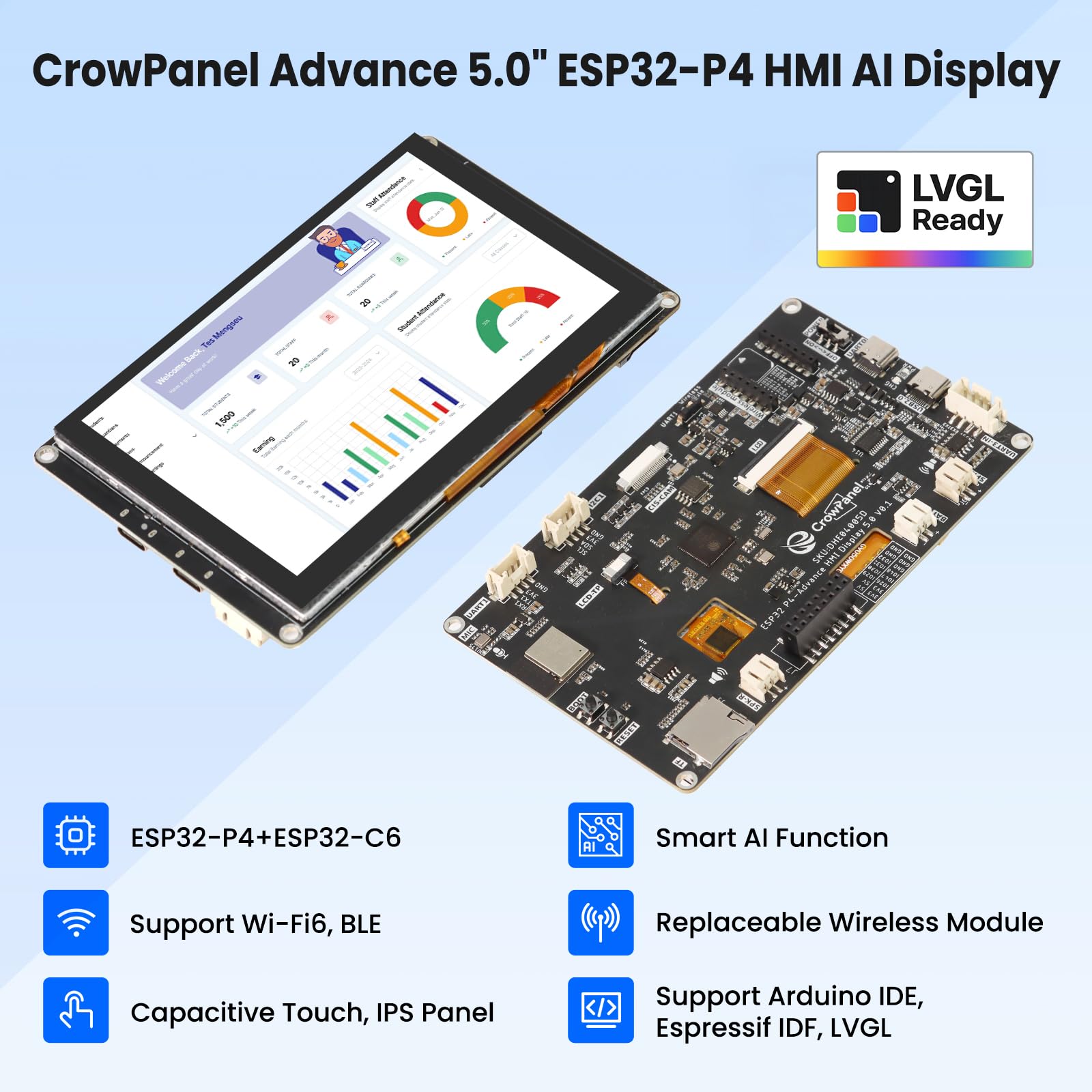 ELECROW ESP32 Display 800x480, 5 pollici HMI ESP32 IPS Touch Screen, Supporto AI Interazione Speech, Processore Dual-Core ESP32-P4, fino a 400MHz, Compatibile con Arduino, ESP-IDF, LVGL (senza