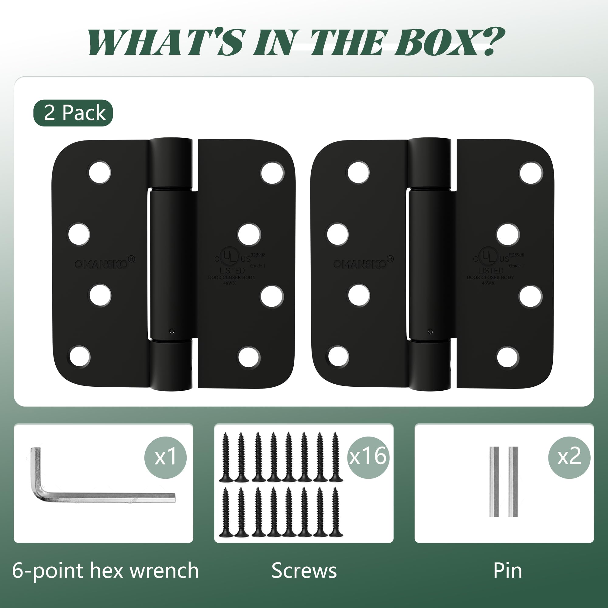 Paquete de 2 bisagras de puerta de cierre automático de 4 pulgadas, color negro mate, bisagras de cierre automático, esquinas de radio de 5/8 pulgadas, tensión ajustable para puerta interior, bisagra