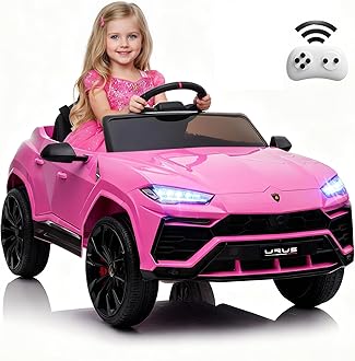 Rock Wheels Licensed Lamborghini Urus Ride On Truck Car Toy, 12V Battery Powered Electric 4 Wheels Kids Toys w/Parent Remote Control, Foot Pedal, Music, Aux, LED Headlights, 2 Speeds (Pink)