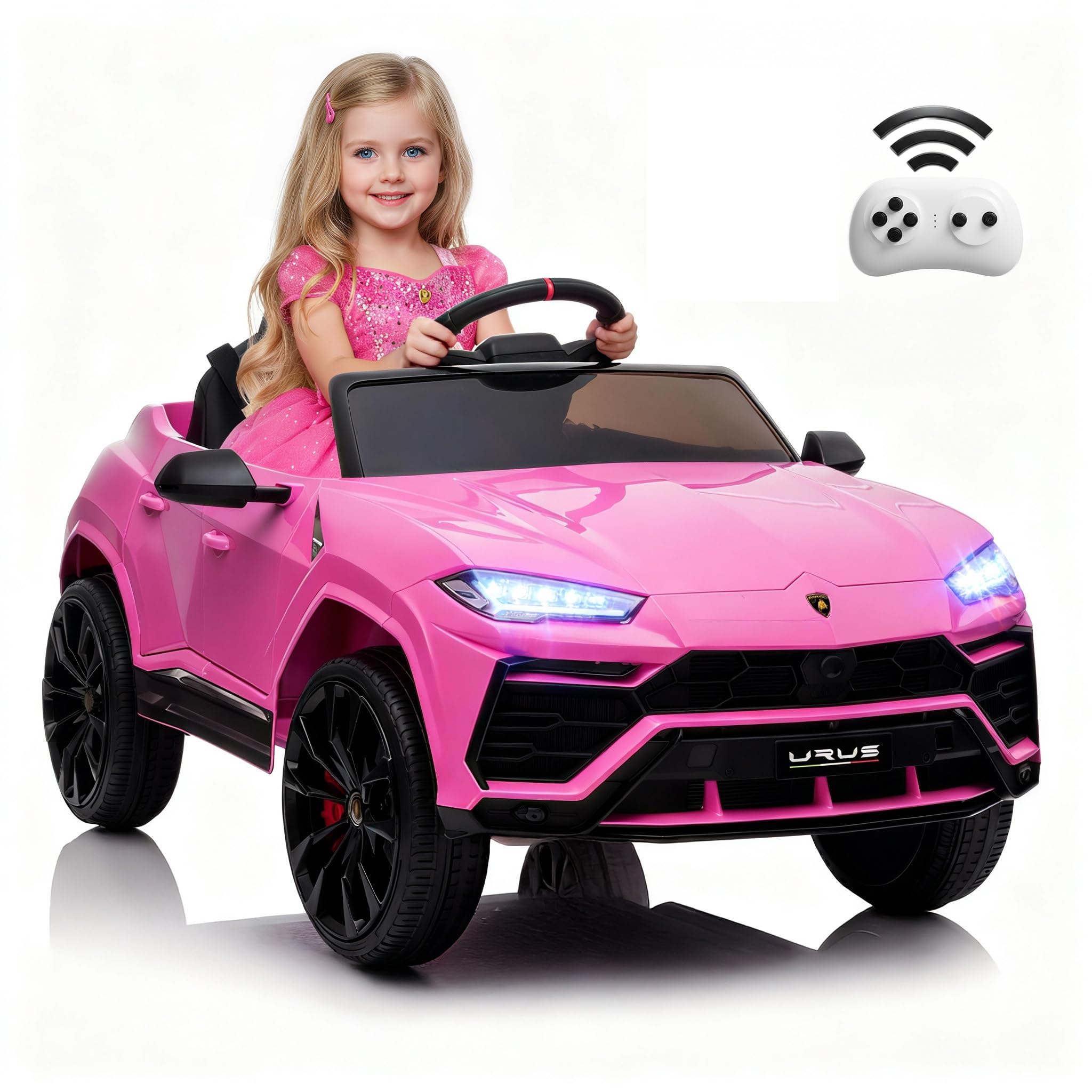 Licensed Lamborghini Urus Ride On Truck Car Toy, 12V Battery Powered Electric 4 Wheels Kids Toys w/Parent Remote Control, Foot Pedal, Music, Aux, LED Headlights, 2 Speeds (Pink)