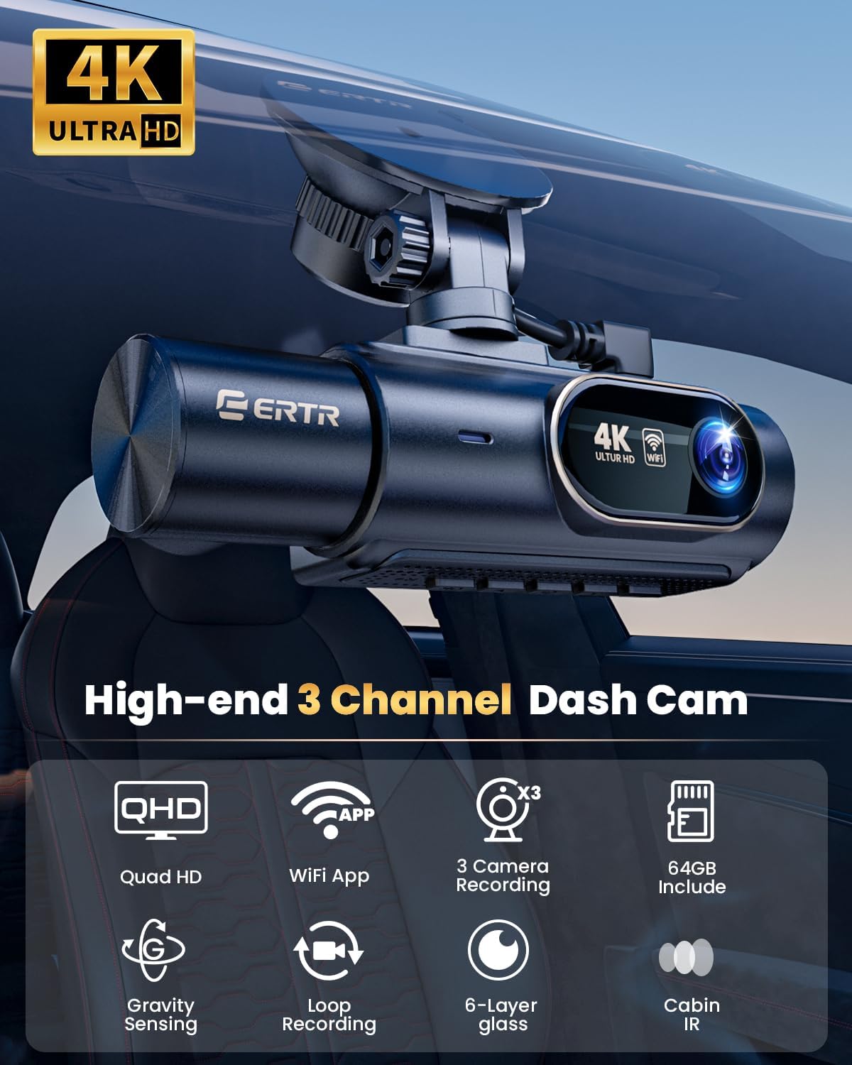 3 Channel 4K Dash Cam Front and Rear,4K Dash Cams for Cars,4K+1080P+1080P Car Camera, Built-in Wi-Fi & APP, G-Sensor,Night Vision, 64GB SD Card