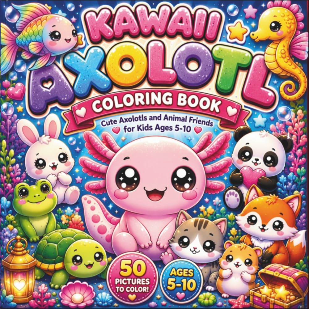 Kawaii Axolotl Coloring Book: Cute Axolotls and Animal Friends for Kids Ages 5-10