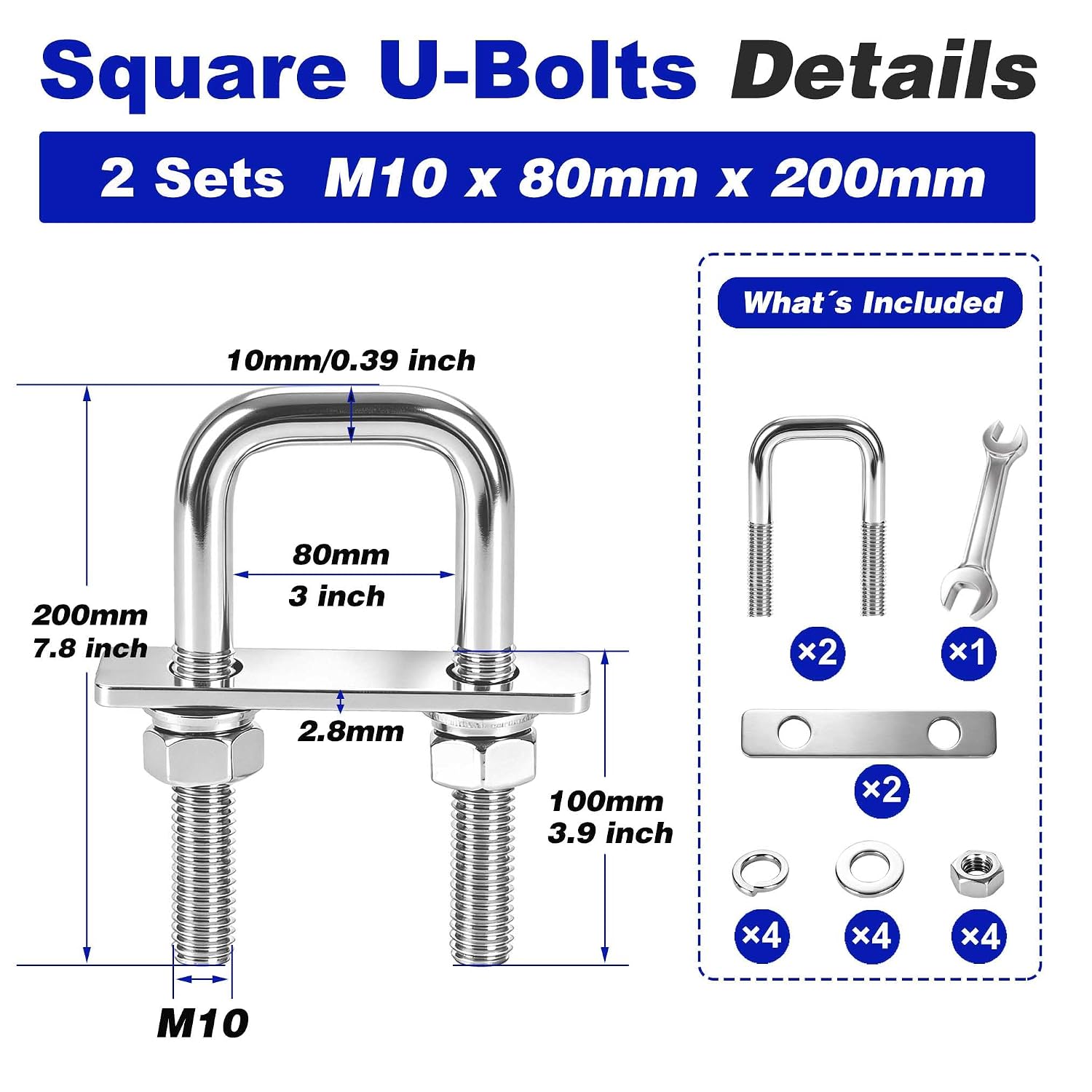 2 Pcs Heavy Duty M10 Square U Bolts Kit, 3 Inch Wide 304 Stainless Steel U-Bolt with Frame Plates and Washers, Marine Grade U Bolt M10 x 80mm W x 200mm L Trailer Axle Clamp