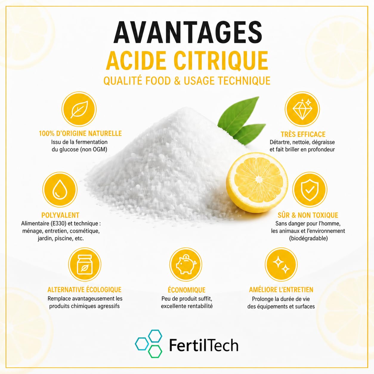 FertilTech Acide Citrique Monohydraté 1.5 kg E330 Qualité Alimentaire 100% Pur Pour Usages Alimentaires Cuisine et Pâtisserie Convient Aussi au Nettoyage Naturel Vegan