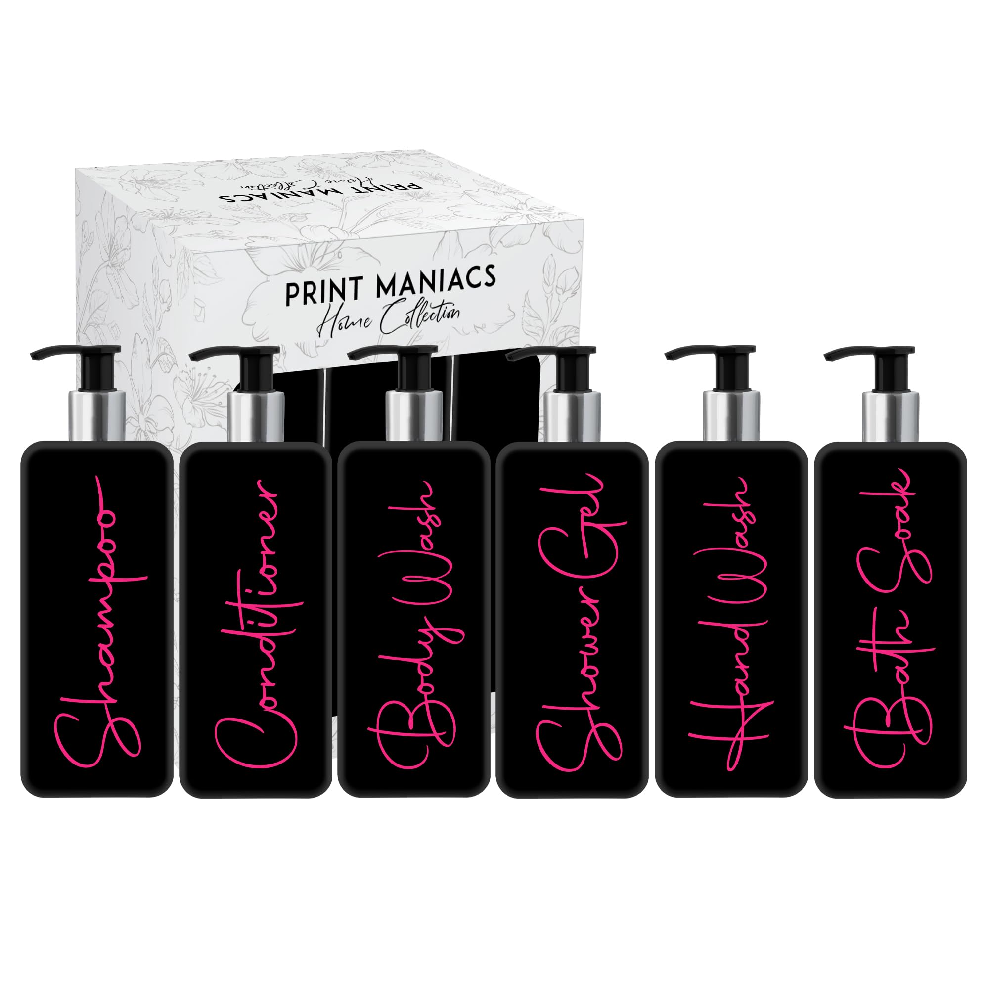 Print ManiacsMrs Hinch Inspired Signature Black 500ml Square Reusable Dispenser Bottle Silver Pump Personalised Bathroom Storage Set F2 (Pink, Shamp, Con, Body Wash, Bath Soak, Shower Gel, Hand Wash) โ image 1