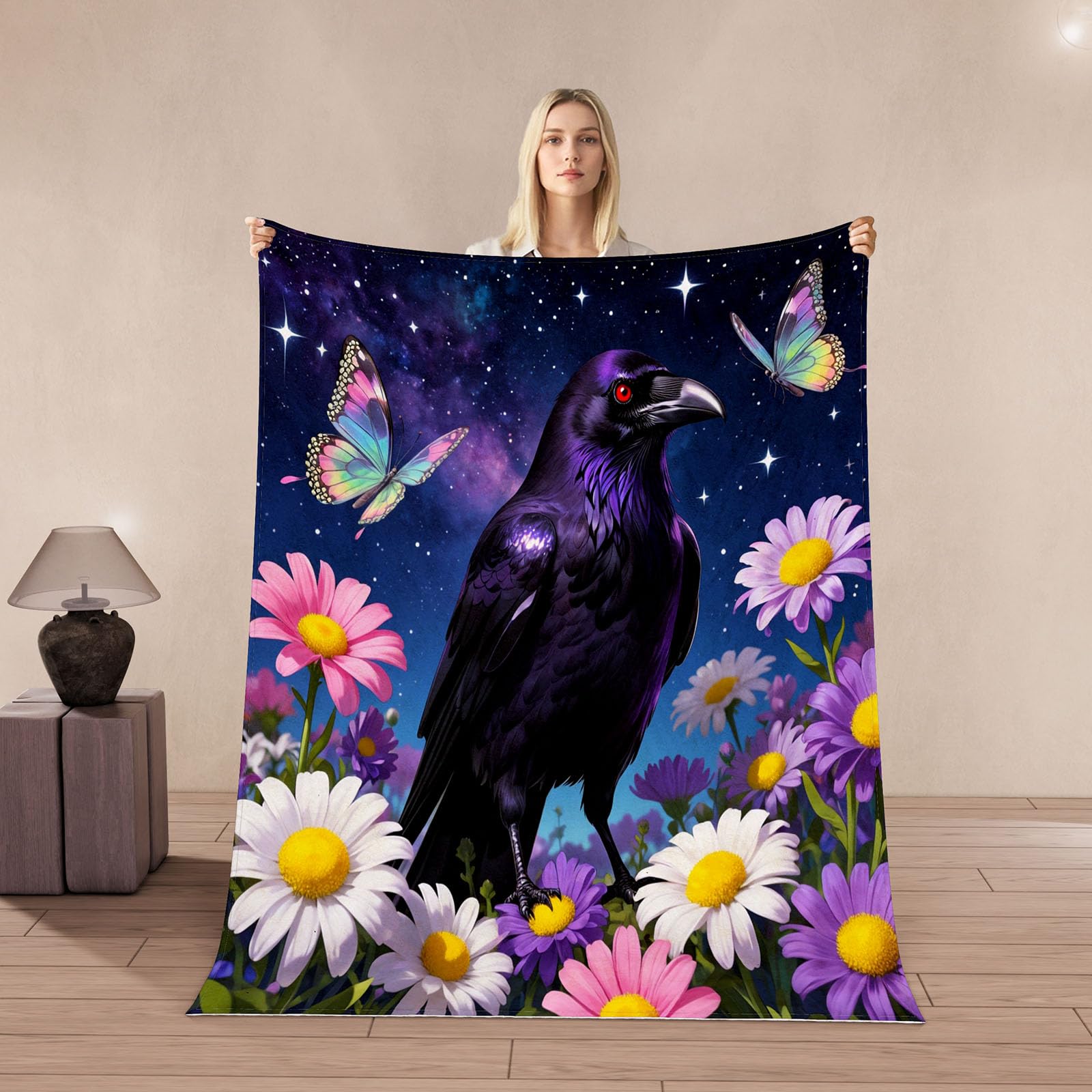 Plaid corbeau couverture polaire 3D flanelle chaude oiseau retro couvre lit 100x130cm