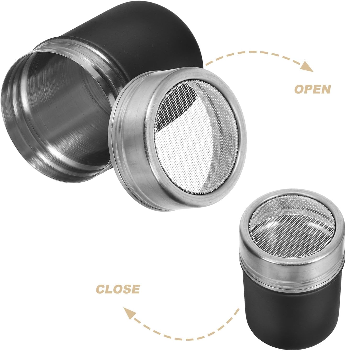 Sewroro Powdered Sugar Shaker Spice Shaker Stainless Steel Seasoning Dispenser Kitchen Storage Container with Lid for Home Cooking (black)