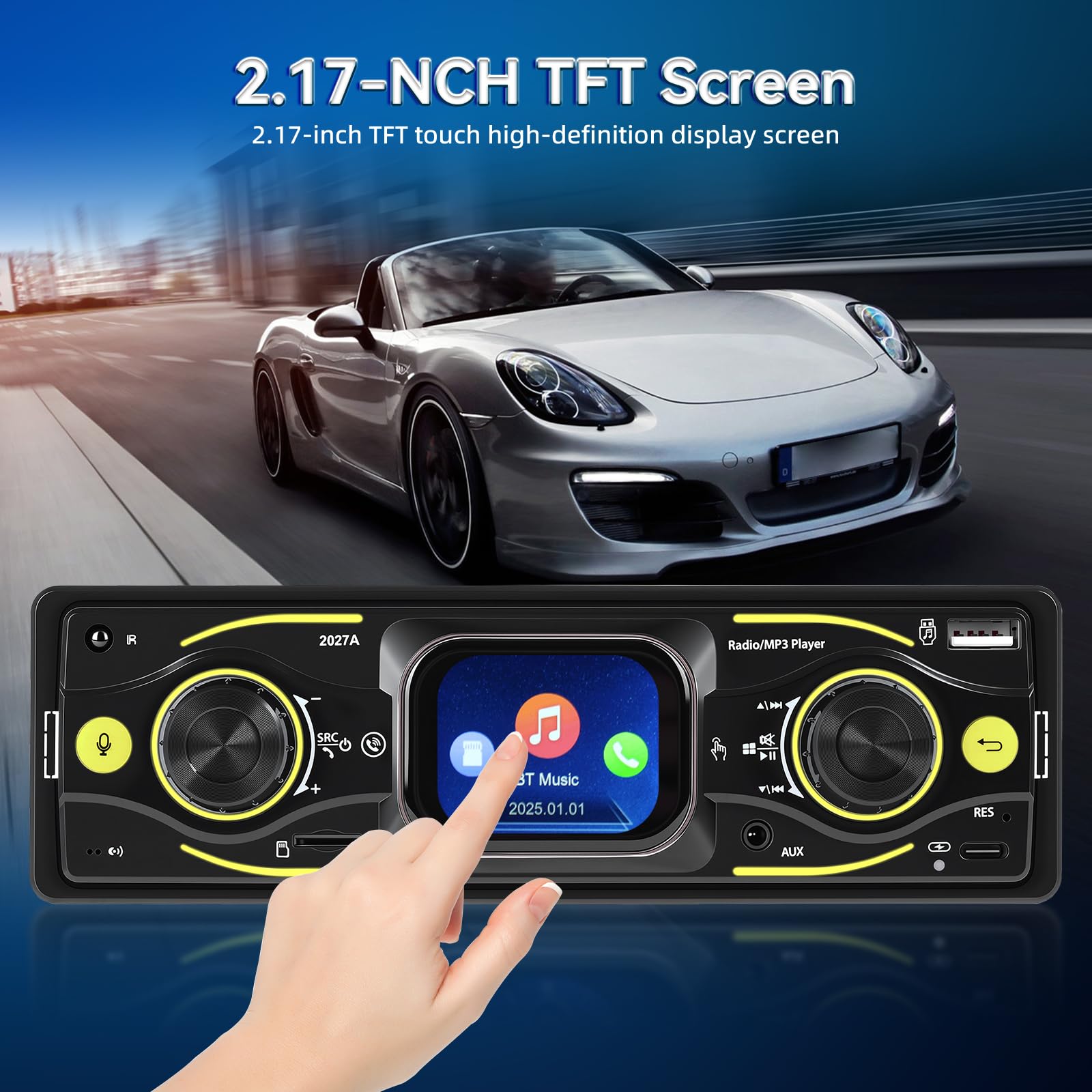 NHOPEEW Radio samochodowe 1 DIN z Bluetooth i ekranem dotykowym: odtwarzacz MP3 z FM, korektor, zestaw głośnomówiący, wejście USB/SD/AUX, ładowanie typu C, złącze ISO i kolorowe światła LED