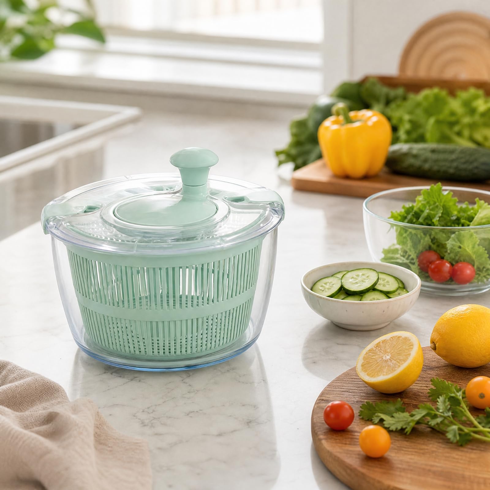 Manueller Salatspüler mit Glasschüssel Und Drehkorb Zum Gemüsewaschen Und Trocknen für Den Täglichen Küchengebrauch für die Zubereitung von Salaten Und Mahlzeiten, Grün, Set