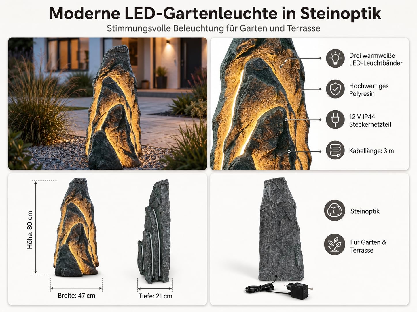 Arnusa Großer LED Leuchtfelsen Gartenfelsen 80 cm, Kunstfelsen mit warmweißen LED-Stripes Gartenleuchte Gartendekoration Teichdekoration Gartenfigur beleuchtet mit Stecker