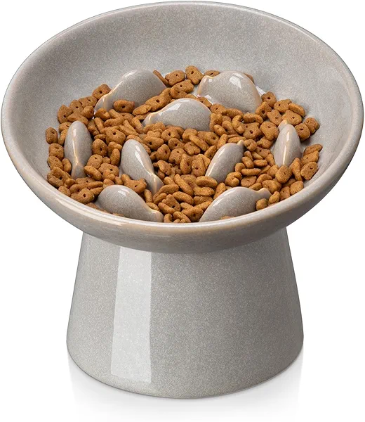 vancasso Ceramic Slow Feeder Cat Bowl, 6.25 Inch Elevated Cat Slow Feeder Bowl, Anti Vomiting for Dry and Wet Food, Grey