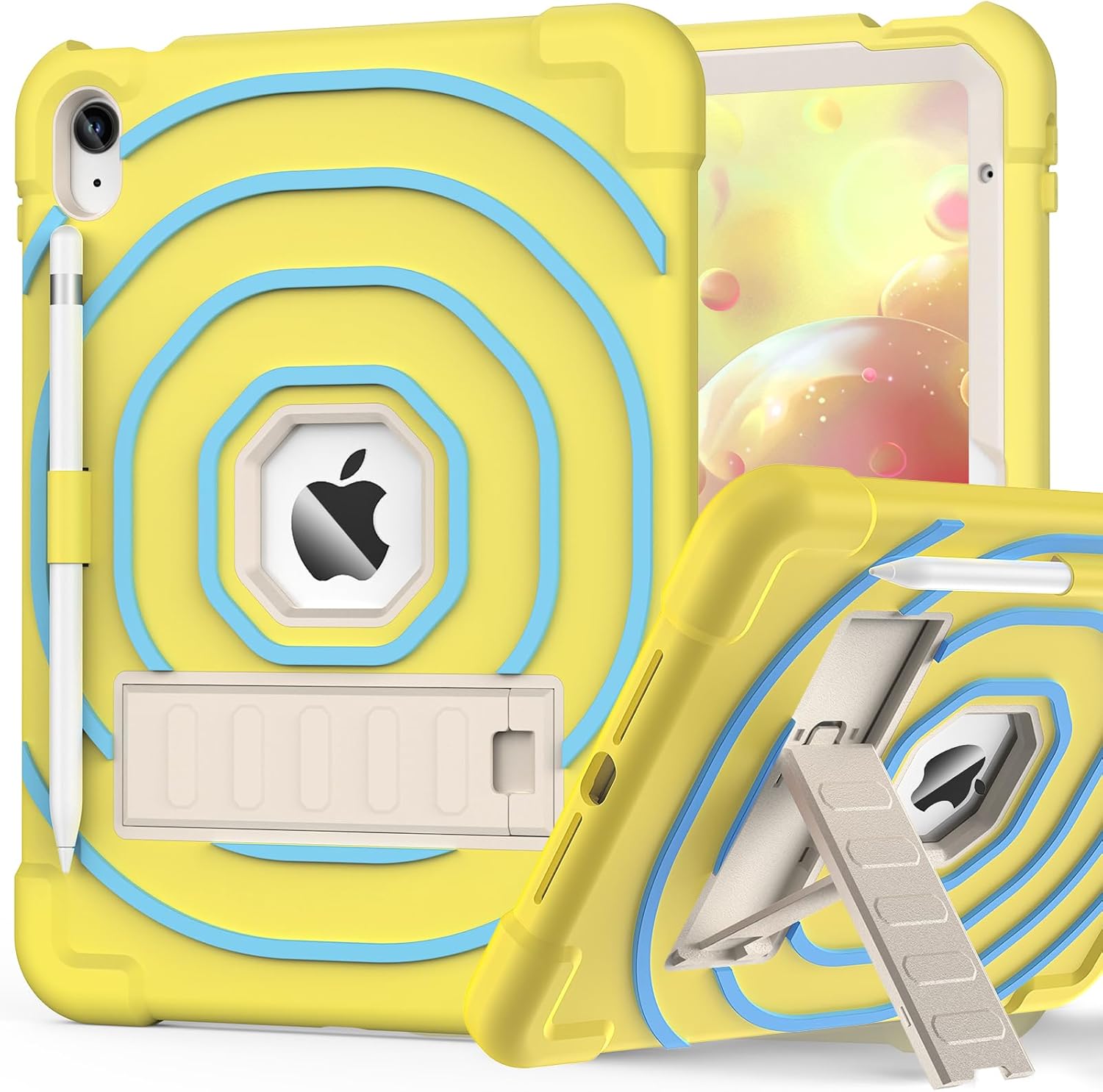 SIBEITU Kids Case for iPad (A16) 11-inch 2025/ 10th Generation 10.9-inch 2022, Shockproof Rugged Hybrid 3-Layer Protective Cover for iPad 11th/ 10th Gen with Stand & Pencil Holder (Yellow Blue)