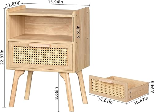 Miniatura 3 de Lerliuo Juego de 2 mesitas de noche de ratán, mesa auxiliar bohemia con cajón abierto, mesa auxiliar de mesita de noche con patas de madera maciza