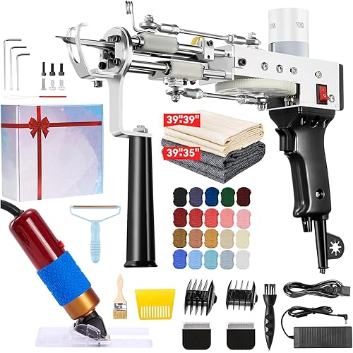 BESGEER Rug Tufting Gun with Carpet Trimmer Kit - Tuft Gun with Tufting-Shears, 2 in 1 Cut Loop Pile Carpet Gun& Carving Clippers, Rug Maker Machine Starter Kit& Trimmer& Cloth& Yarn（Olive Black）