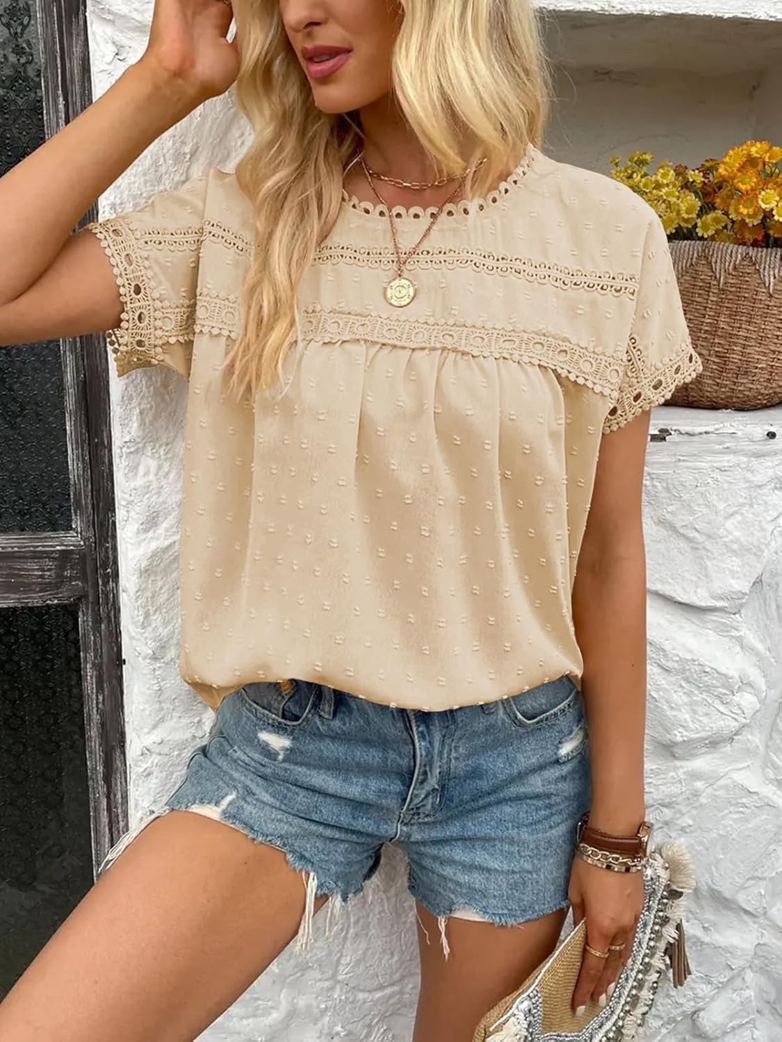 Poetsky Womens Summer Short Sleeve Lace Crochet Blouses Flowy Babydoll Dressy Casual Work Tops - Image 4