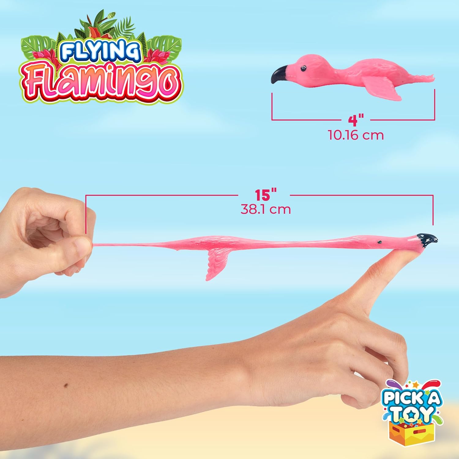 PICK A TOY 36 Pcs Flamingo Party Favors Toys for Kids, Bird Shooter Game Finger Flingers, Tropical Themed Decorations, Kids Prizes, Flying Rubber Chickens Slingshot, Easter Basket Stuffer - Image 3