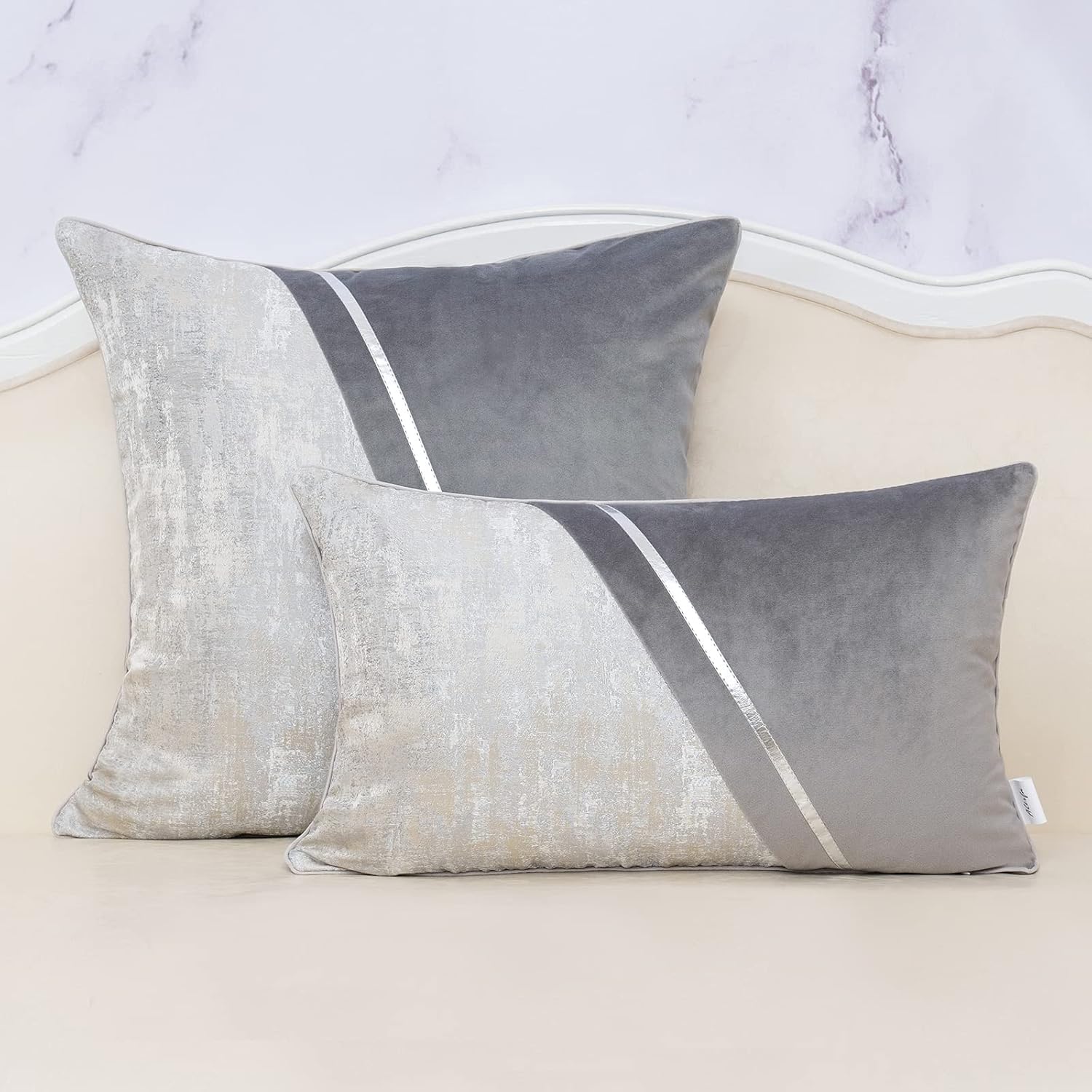Alerfa 20 x 20 Inch Gray Silver Leather Patchwork Velvet & Polyester Cushion Case Luxury Modern Square Throw Pillow Cover Decorative Pillow for Couch Sofa Living Room Bedroom Car 50 x 50cm - Image 3