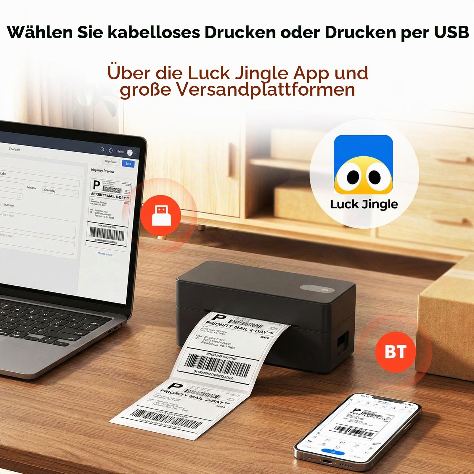 DHL Etikettendrucker Bluetooth, Labeldrucker 4x6 Versandetiketten Drucker | Thermodrucker Label Printer für Shopify, Etsy, UPS, Kompatibel mit iOS, Android, Windows, Mac, Unterstützt USB und Bluetooth