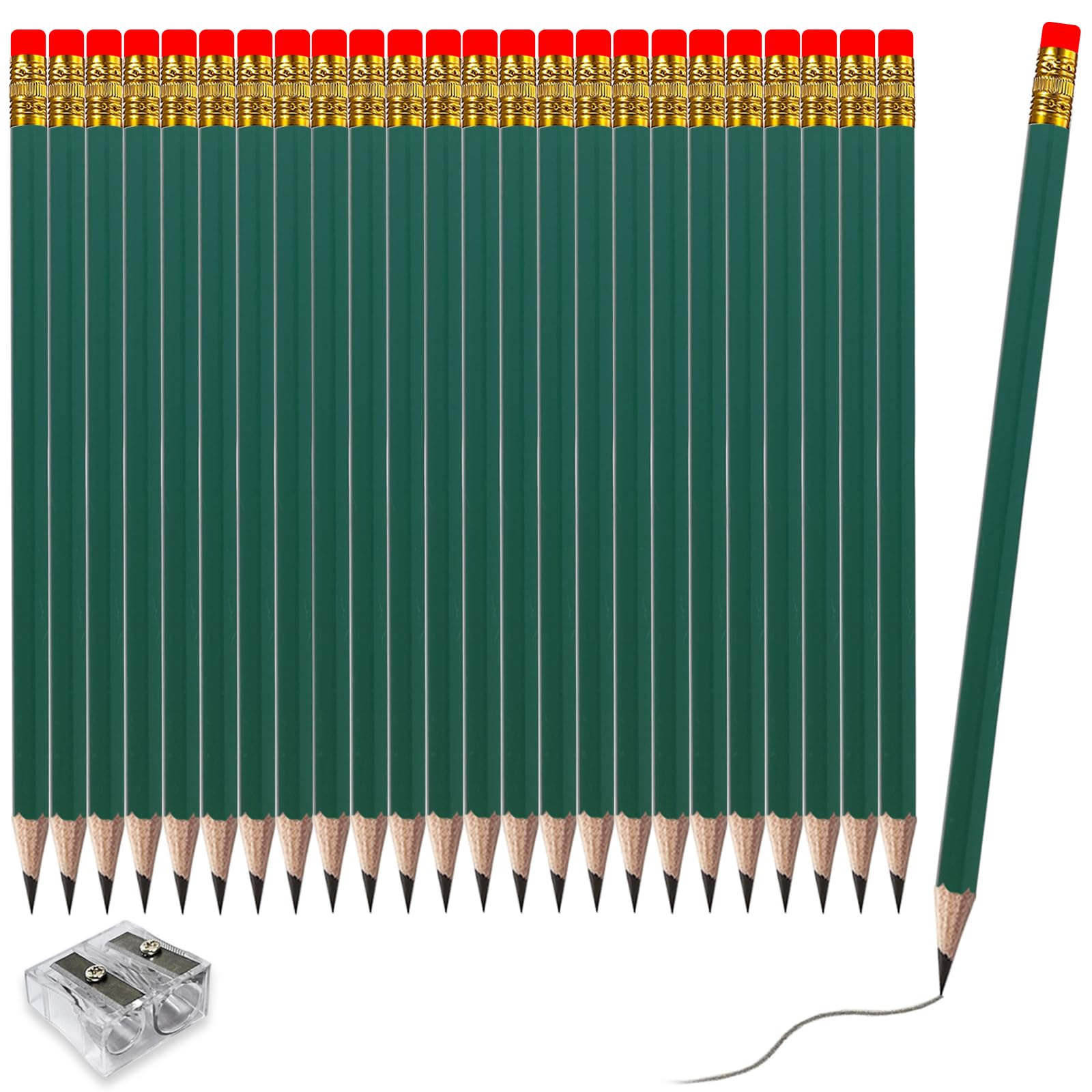 Adhere Wood-Cased pencils Pre-Sharpened 2B Pencils with Eraser, 25-Pack with free Sharpener ideal for home, office, or classroom writing (Dark Green)