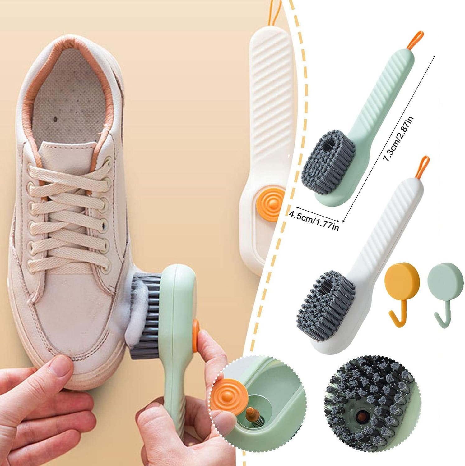 2pcs Liquid Adding Soft Fur Cleaning Brush, Multifunctional Shoe Brush with Liquid Box for Shoe Washing and Cleaning, Bathroom, Kitchen, Soft Laundry Clothes (White+Green)