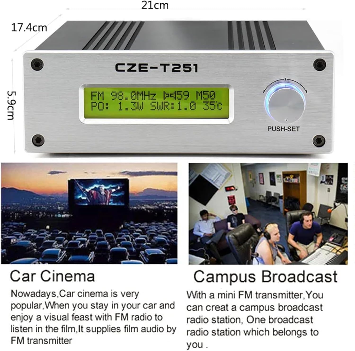 25W FM Transmitter, CZE-T251 Stereo Broadcast Radio Adjustable 0-25W Professional FM Stereo Broadcast Transmitter, Power Adapter+25W FM Transmitter