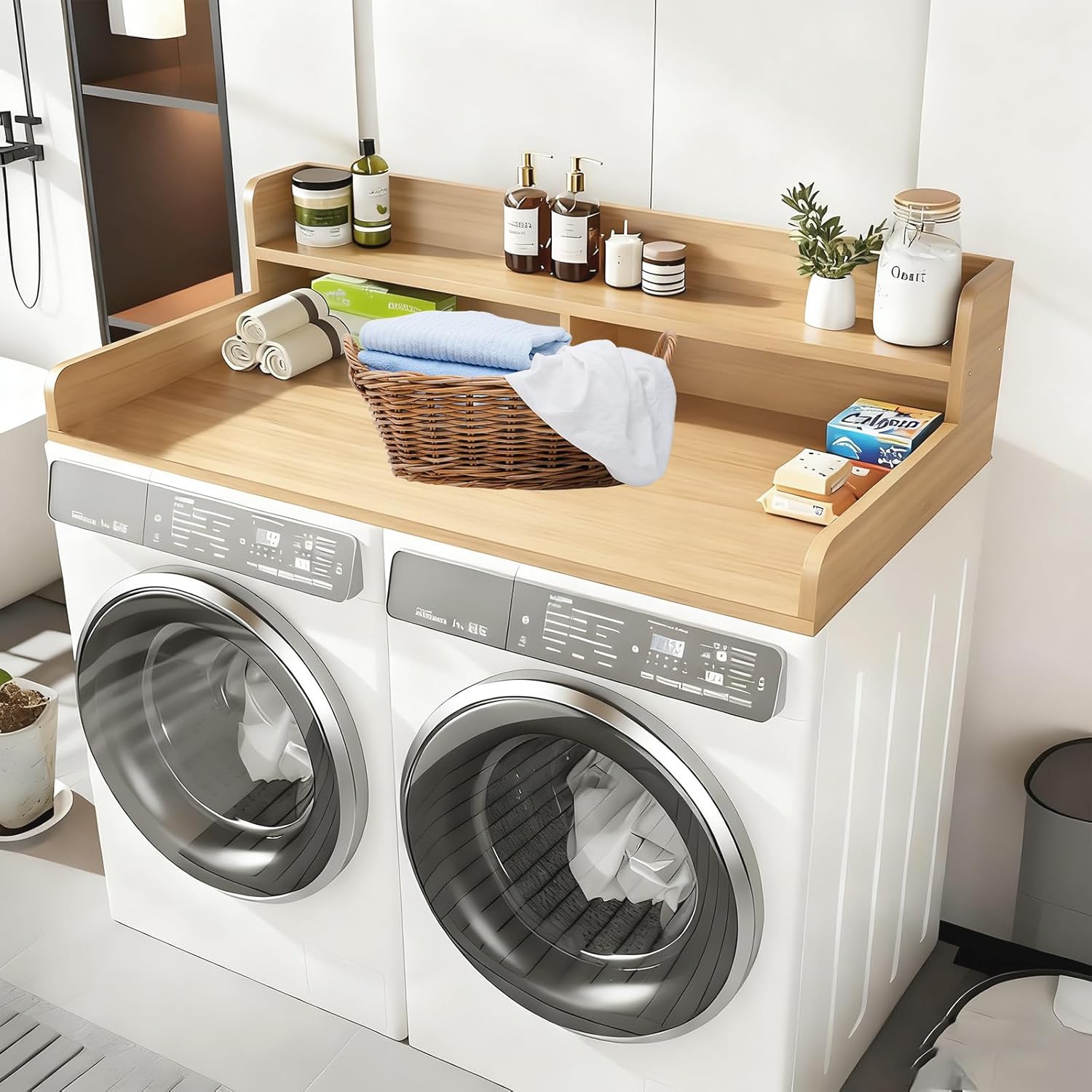 2 Tier Laundry countertops Wood Washer Dryer countertop Washer Dryer countertop with Shelf Washer Dryer Shelf Topper (Wood, L54″*W28″*H12″)