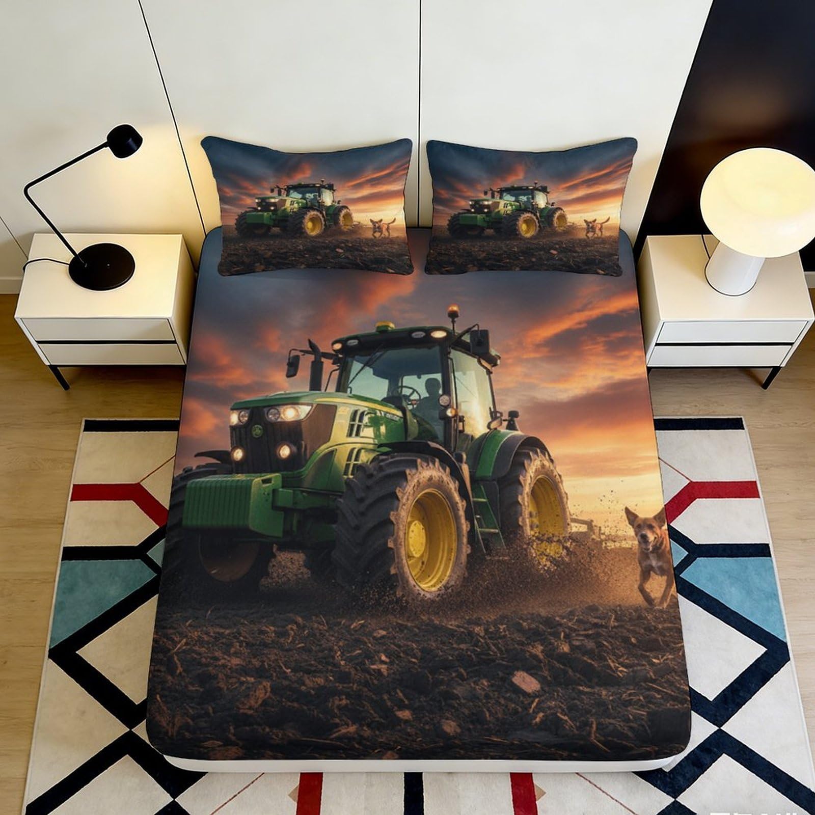 Pnayamiorkfel Style-2 3D Printed Tractor Sunset Fitted Sheet Microfiber Soft Breathable Farm Dog Bed Sheet For Bedroom Dorm Decor 90X200x25cm