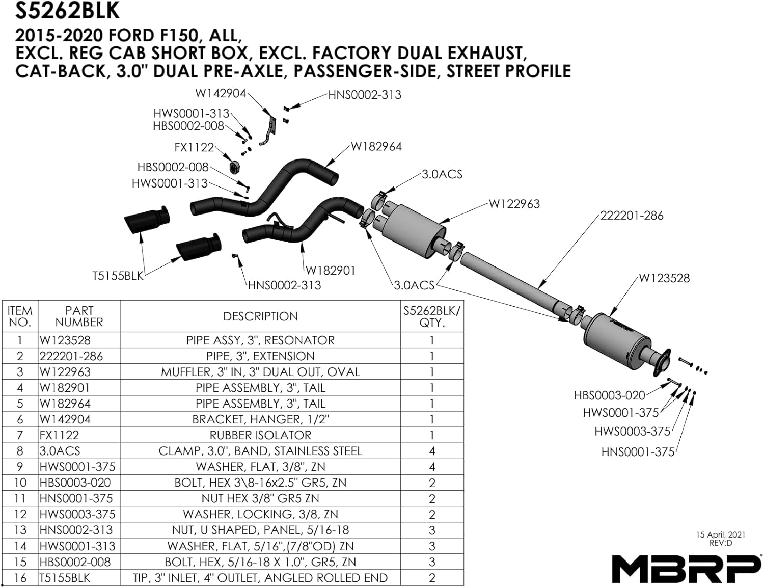MBRP S5262BLK Exhaust System Cat Back (2015 - UP Ford F150 Excluding Reg Cab Short Box 3", Black Coated)