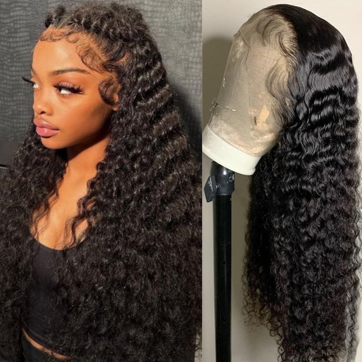 LICHANG Deep Wave 4x4 Transparent Lace Front Wigs Human Hair for Black Women Pre Plucked 180% Density Nature Color 26 Inch
