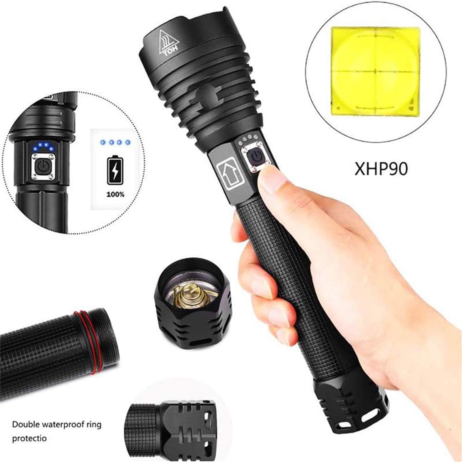WURF XHP90 Latarka LED, 100000 lumenów, wysoka wydajność, bateria USB 26650 z możliwością ładowania, 3 tryby powiększania, wodoodporna IPX-6, do użytku na świeżym powietrzu, latarka awaryjna.