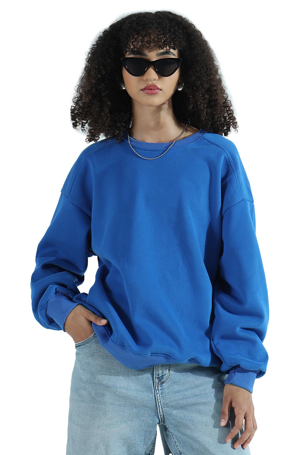 Edition Women's Blue Oversized Round Neck Sweatshirt-CHN-216_Blue-P-image-24