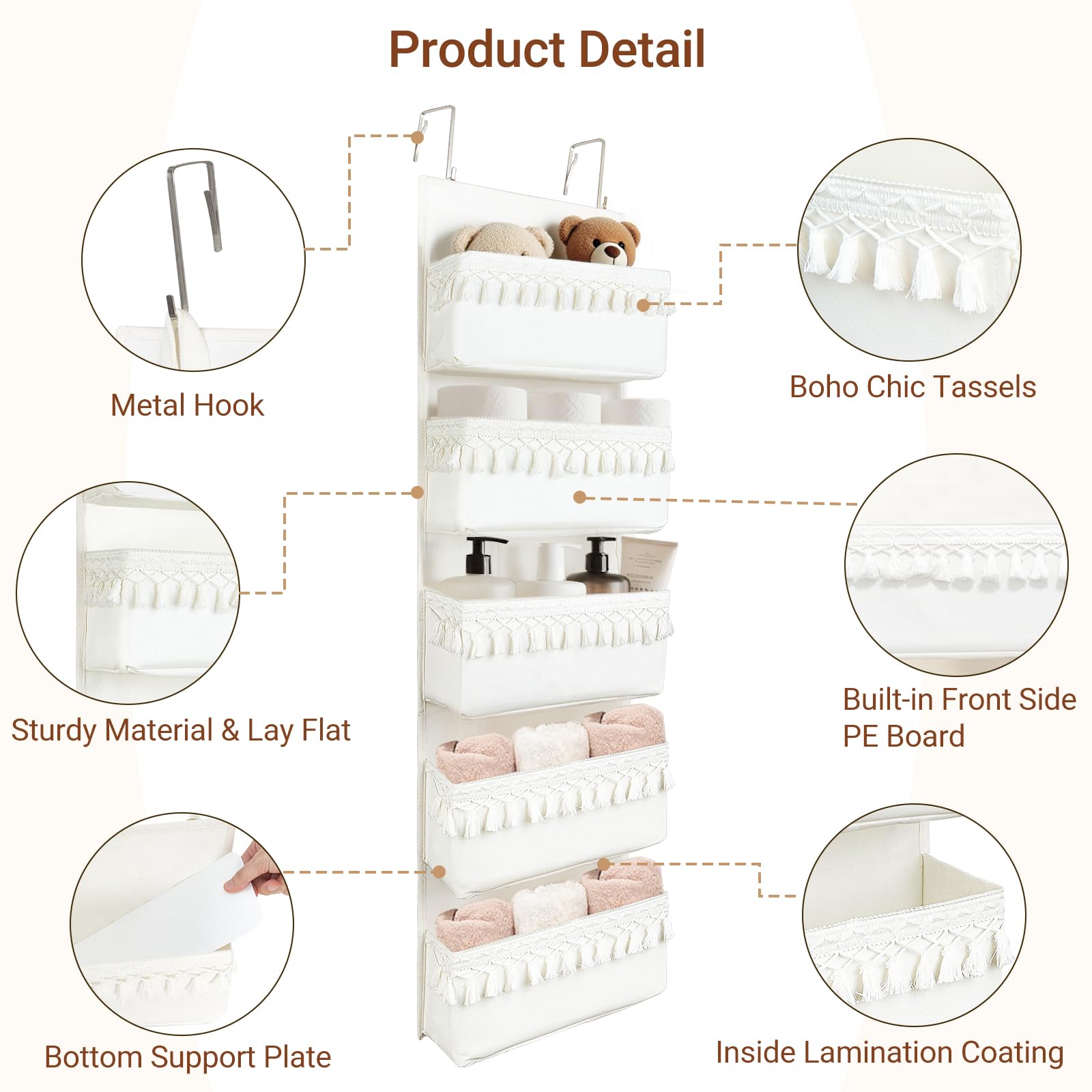 Dahey Organizer da appendere sopra la porta, in stile bohémien, con nappe, per camera da letto, stanza da letto, bagno, appartamenti, dormitorio, dispensa, 5 tasche, bianco