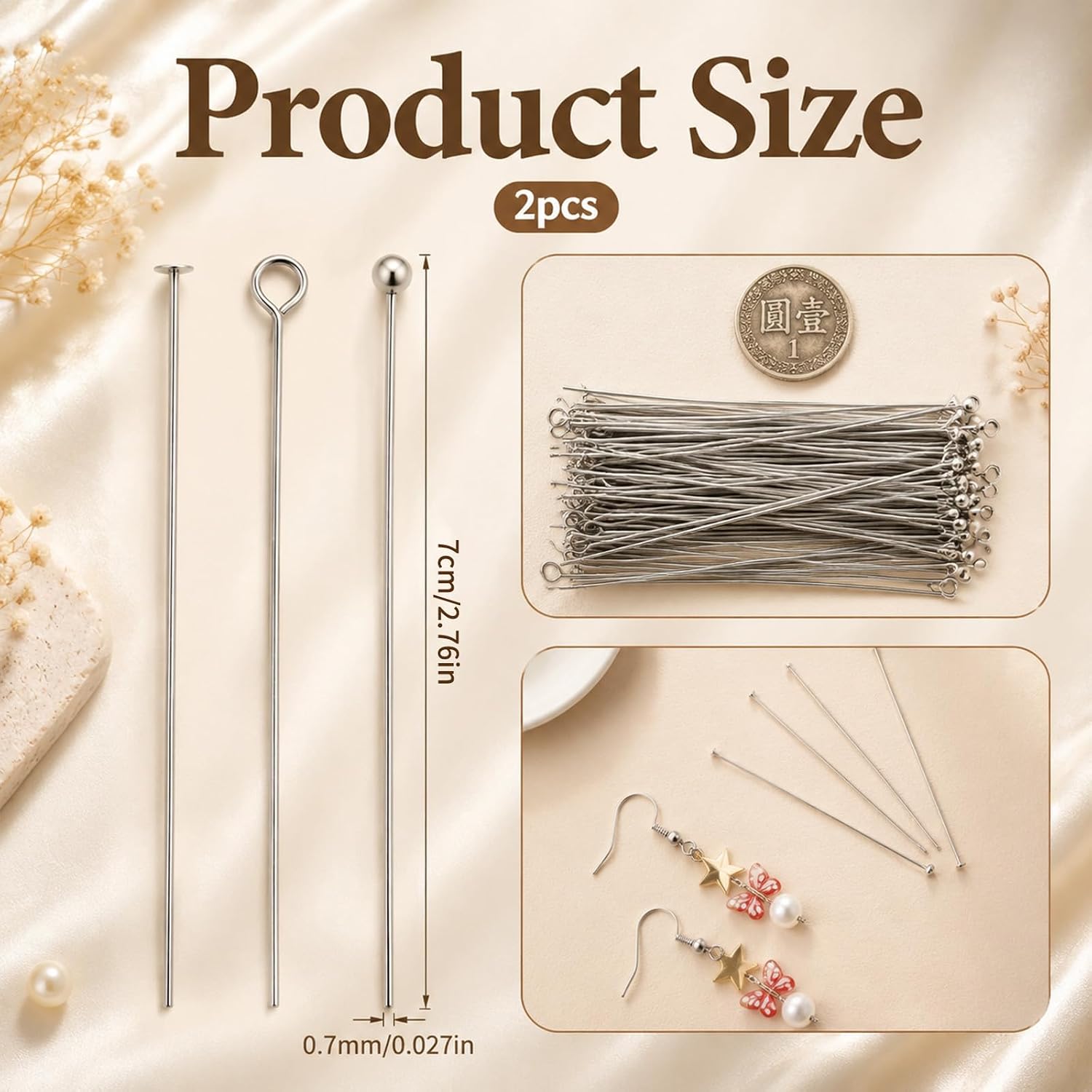 300pcs Stainless Steel 3 Styles Silver Ball Head Pins, 70mm Silver Ball Head Pins Jewelry Findings for DIY Crafts, Open Eye Pin for Earring Bracelet Pendant Jewelry Making