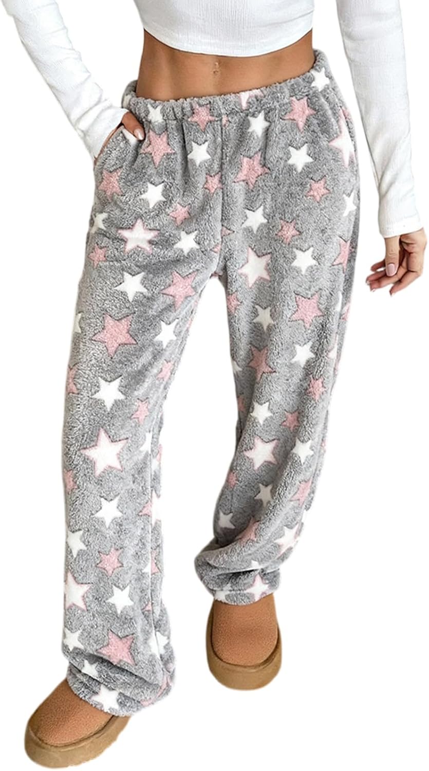 Pajama Pants Women Plush Fluffy Fleece Lounge Fuzzy Warm Pj Bottoms Star Graphic Flannel Loungewear Pant