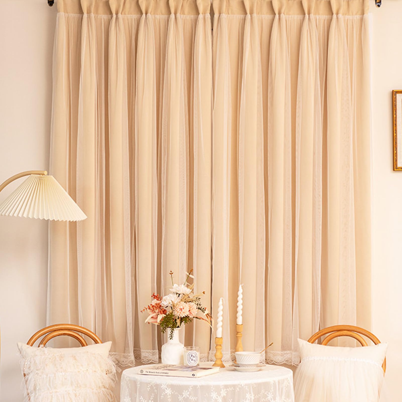 ZZYK Beige Light Filtering Kitchen Valance for Window,Sheer Double Layers Curtain Panels for Farmhouse Bedroom Living Room,Privacy Dustproof Cabinet Curtains,Paste,59" W x 71" L