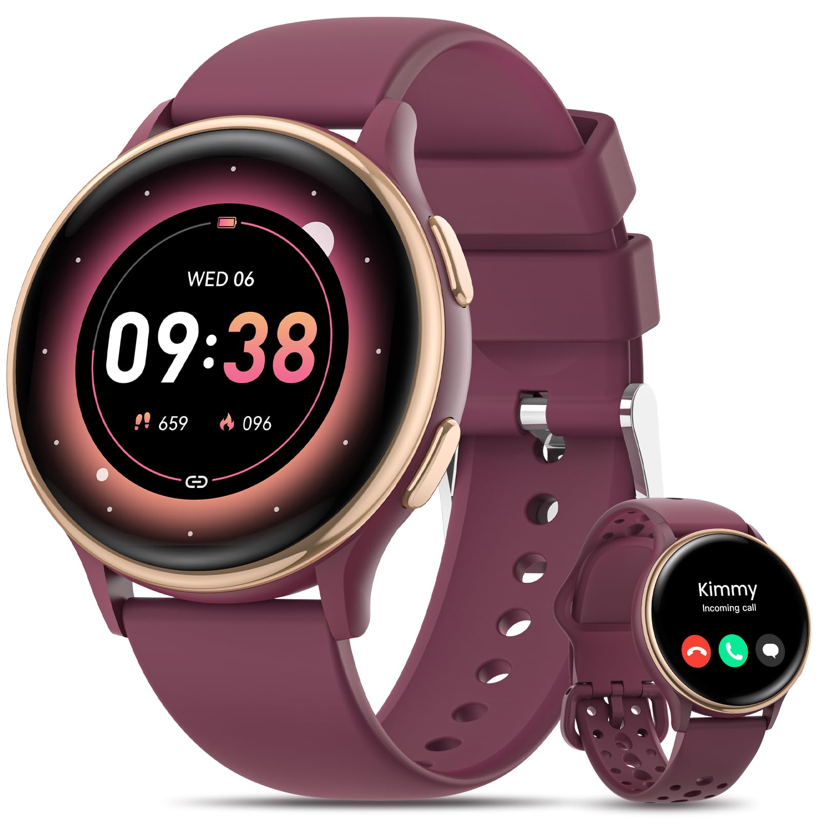 HASAKEI Smartwatch Donna, 1.27" Orologio Smartwatch con Chiamate Bluetooth 2 Cinturini 400+ Quadranti, Monitor del Periodo/Sonno/Indice UV, 70+ Sport IP68 Impermeabile Smart Watch iOS Android Borgogna