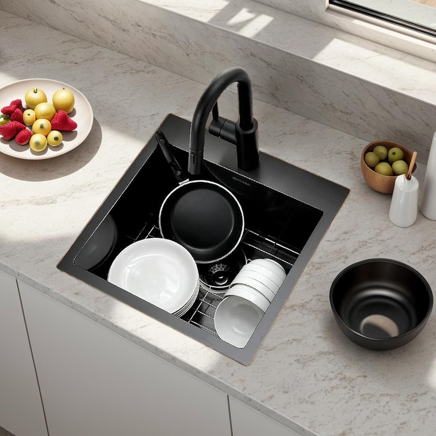 Comllen 18x18 Inch Drop in Black Bar Sink,Top Mount Handmade 16 Gauge Stainless Steel Small Black Kitchen Sink,9 Inch Deep Single Bowl Wet Bar Sink with Stainless Steel Grid & Strainer