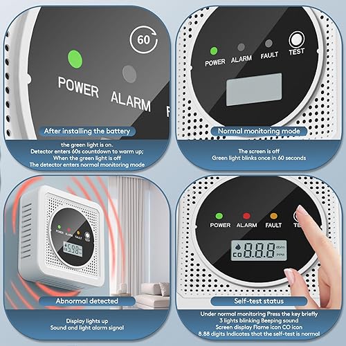 Miniatura 4 de 2 en 1, detectores de monóxido de carbono, detector de humo, alarma de CO de combinación de humo, alarma de 85 db, pantalla grande LCD, con 3 pilas