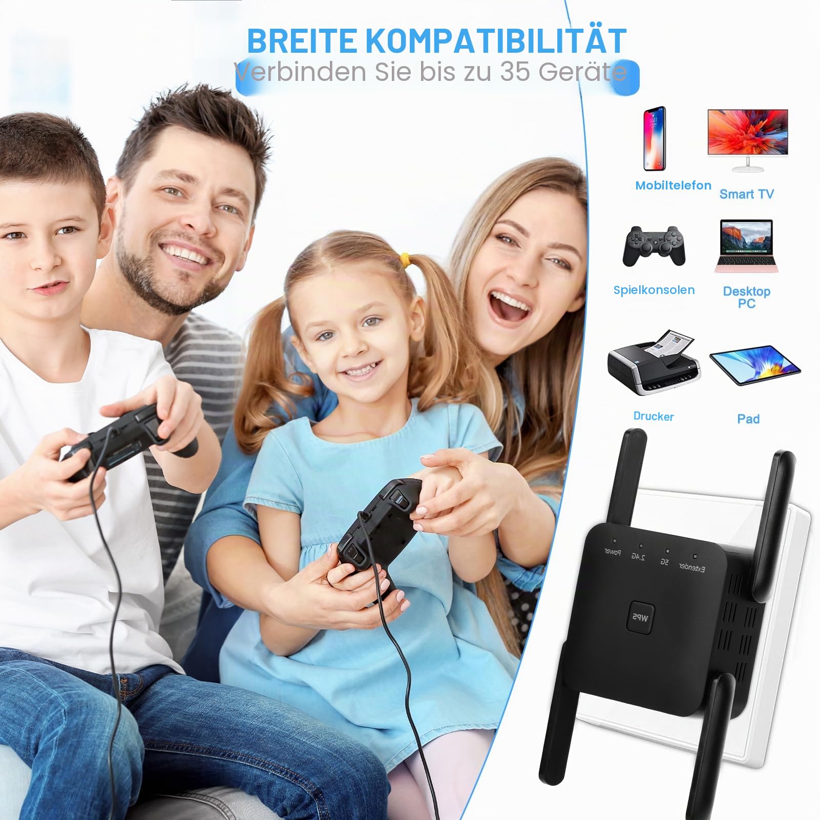 WLAN Repeater, 1200Mbit/s WLAN Verstärker Dual-Band 5GHz/2.4GHz mit Ethernet-Port, WiFi Booster mit Repeater/Router/Access Point Modus, 4 Antennen WiFi Range Extender, kompatibel zu Allen WLAN Routern